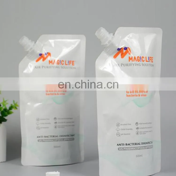 China manufacture coloring printing 500ml anti-bacterial disinfectant stand up packaging pouch with spout