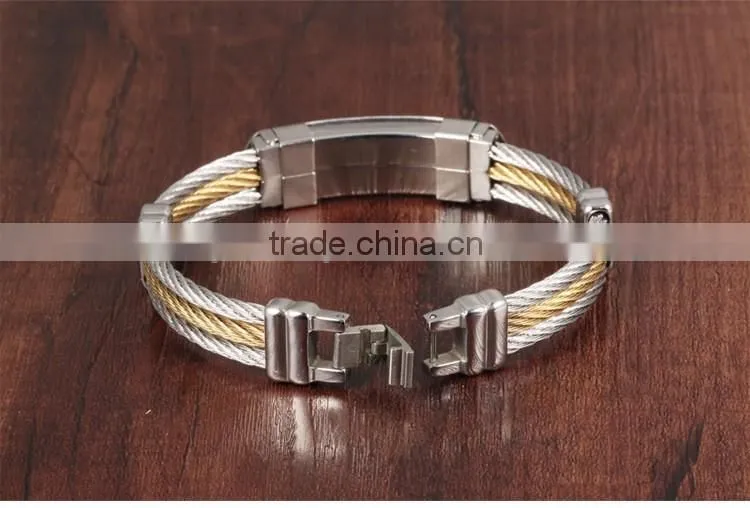 Wholesale Titanium steel man Bangles Three rows between steel wire armoured gold bracelet with cross