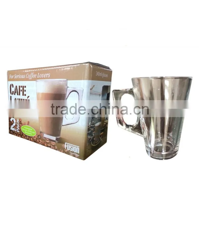 Glass coffee cup latte coffee mug milkshake cup 240 ml with handle