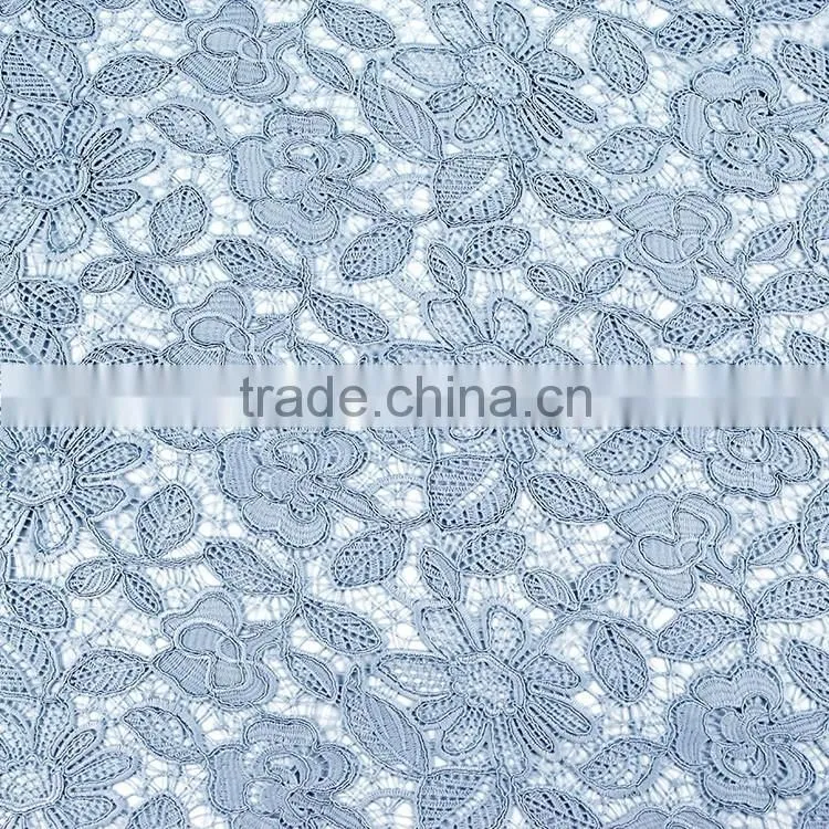 Custom promotion Soft light blue guipure fabric chemical water soluble lace for evening dress