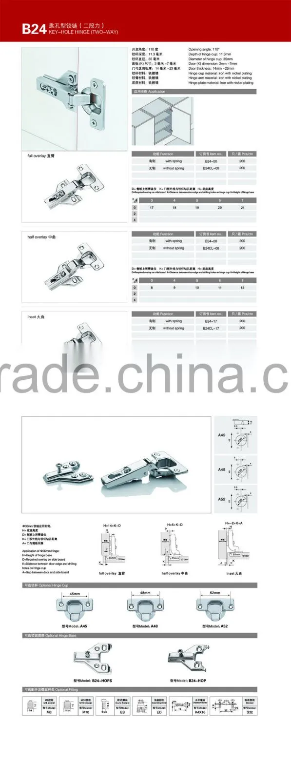 KH-B24 hot sale 110-degree cabinet removable hinge
