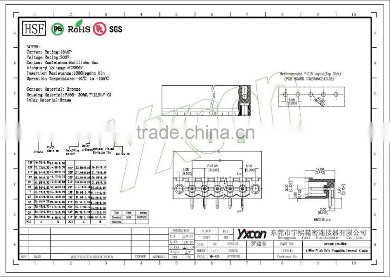 Dongguan Yxcon 5.08mm pitch 8pin right angle cradled connection Terminal Block