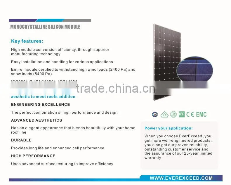 EverExceed 230w 156*156 Monocrystalline Solar Panel with TUV/VDE/CE/IEC Certificates