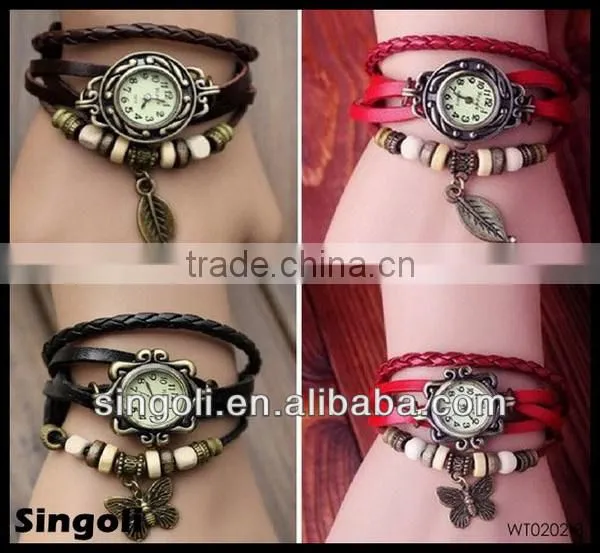 2014New design genuine leather band watch, leaf pendant vingtage watch