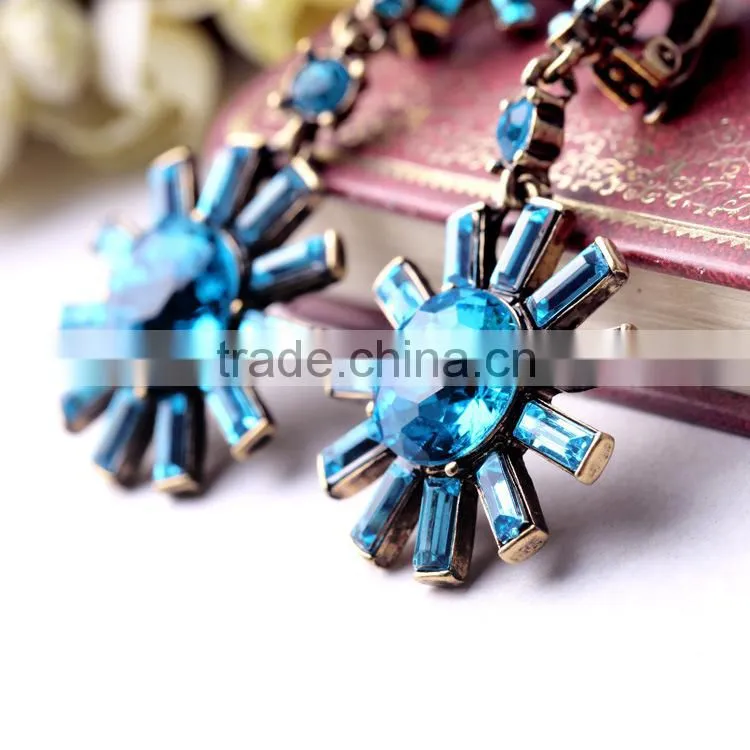 Blue gemstone sun flower earrings, wedding earrings, heavy earrings