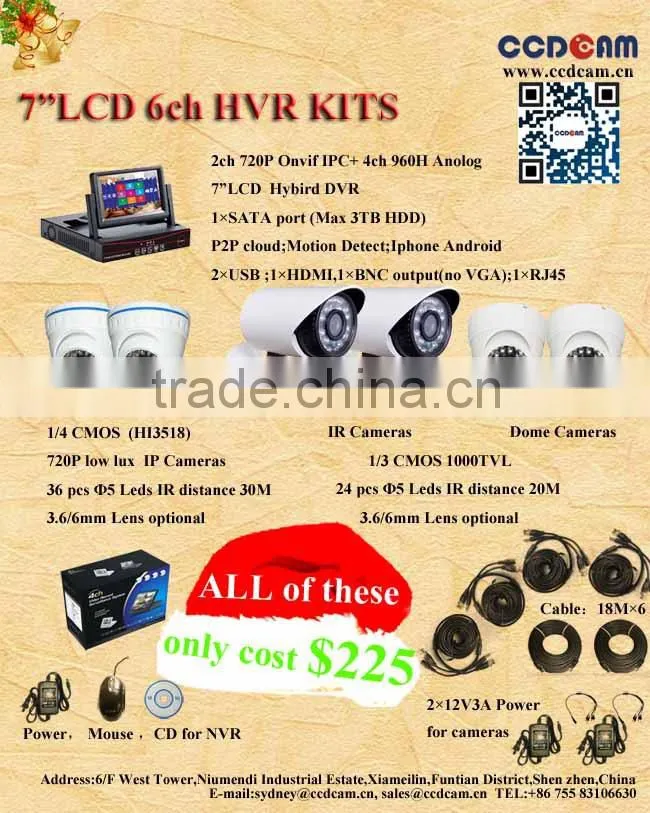new HDMI 7" 6ch LCD screen HVR kit with 2 ip cameras and 4 analog cameras