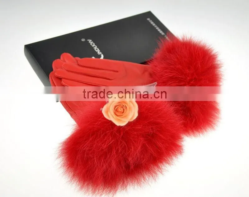 Cheap Cute Fashion Winter Warm Mittens Gloves Lamb Leather With Fox Fur Trimmings