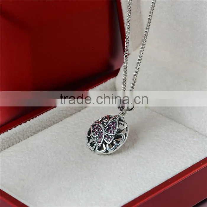 New Fashion Butterfly Round Silver Metal Pendant With Red Crystal