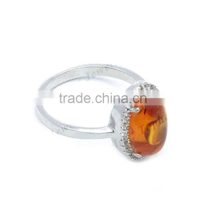 2014 hot design natural stone ring amber ring with CZ