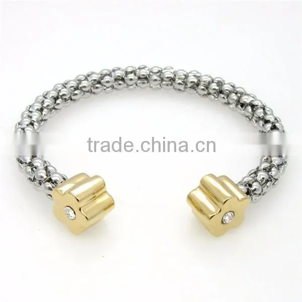 Trendy Women Two Tone Stainless Steel Cuff Bracelet Crystal Flower Bangle Jewelry