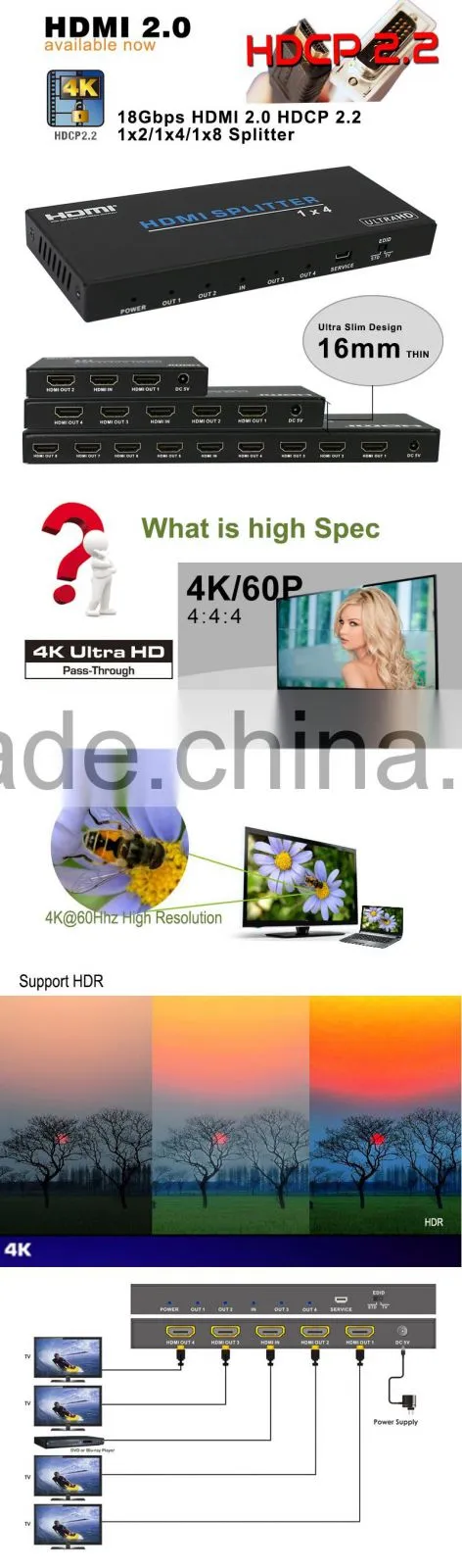 18Gbps HDMI2.0 Splitter , 4K@60Hz Ycbcr 4:4:4 HDR10bit