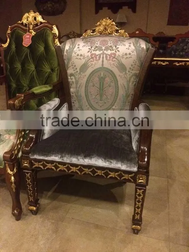 Great British Style Palace Single Sofa Chair, Hand Carved Wood Side Chair With Gold Leaf,Luxury Living Room Furniture Set