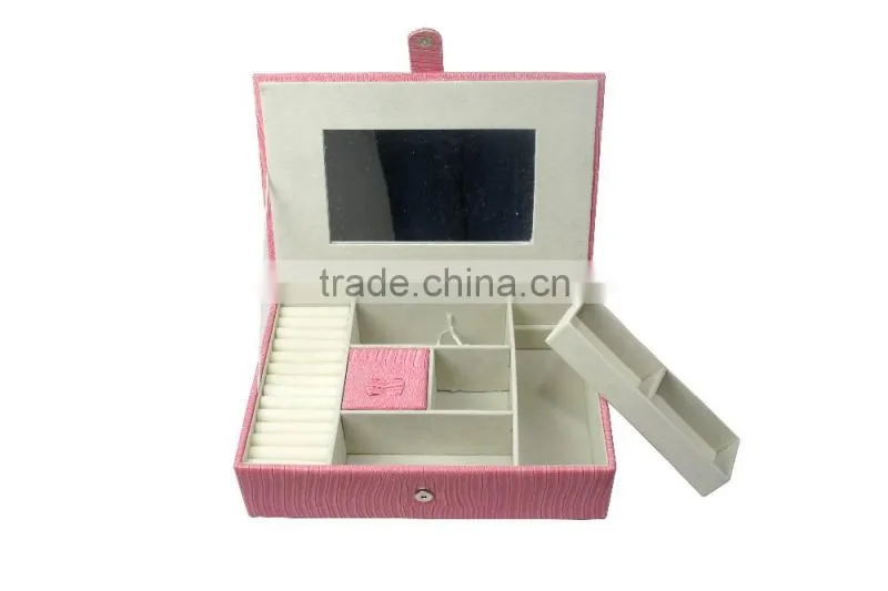 Pink Faux Leather Travel Jewelry Box Organizer Display Storage Case for Rings Earrings Necklace With Mirror