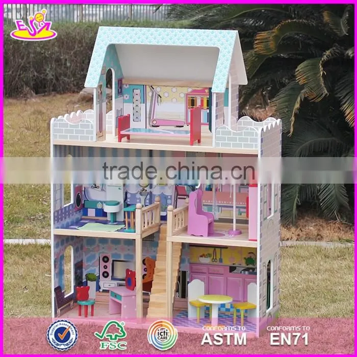 2017 new design lovely pretend play wooden girls dollhouse W06A161