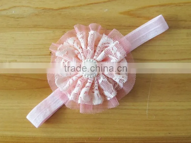 lace flower headband with pearl rhinestone in center for kids hair accessories