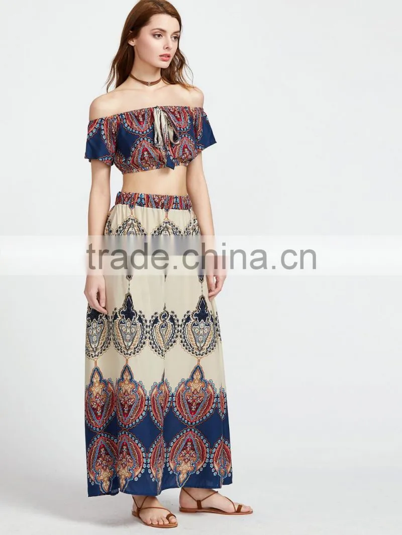 Vintage print off the shoulder crop top with skirt boho clothing top and long skirt set