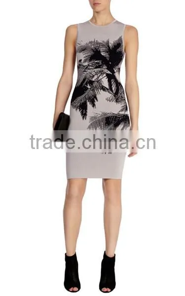 Direct sale classic palm tree pattern print bandage knit dress