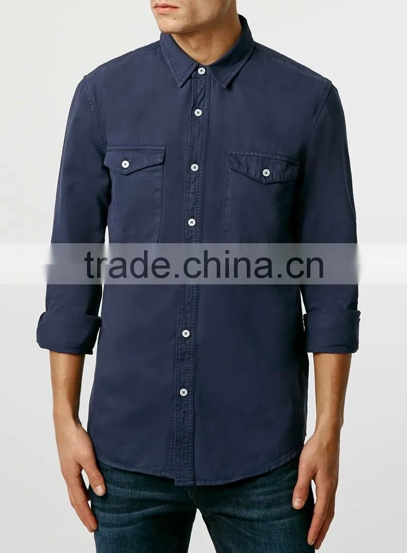 new model Navy blue Double Pocket Twill Long Sleeve Casual Shirt