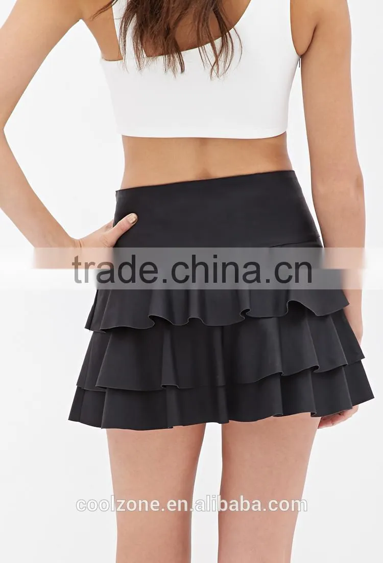 2015 High Quality Ladies Short Skirt Ruffled Faux Leather Skirt