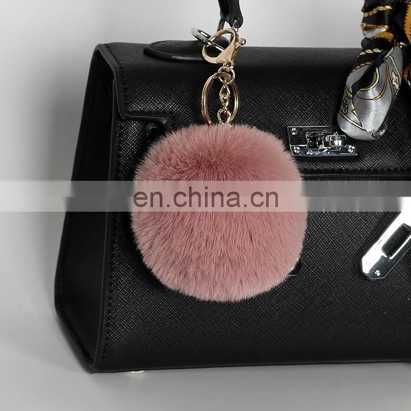 Popular handmade artificial fur pompon keychain much color fluffy ball bag hang promotion gift