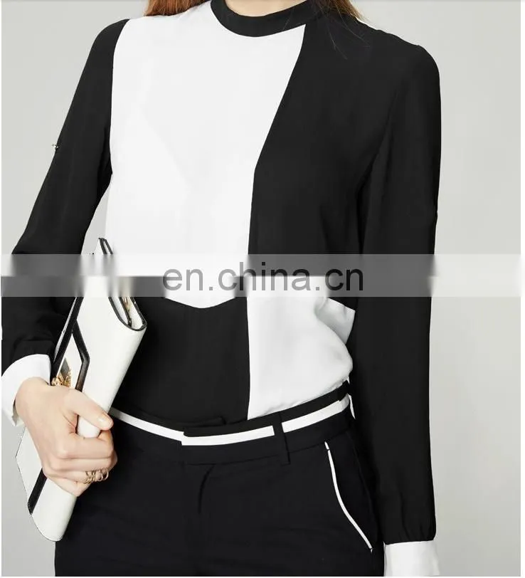 Latest fashion bliuse designs o- neck black white patchwork shirt