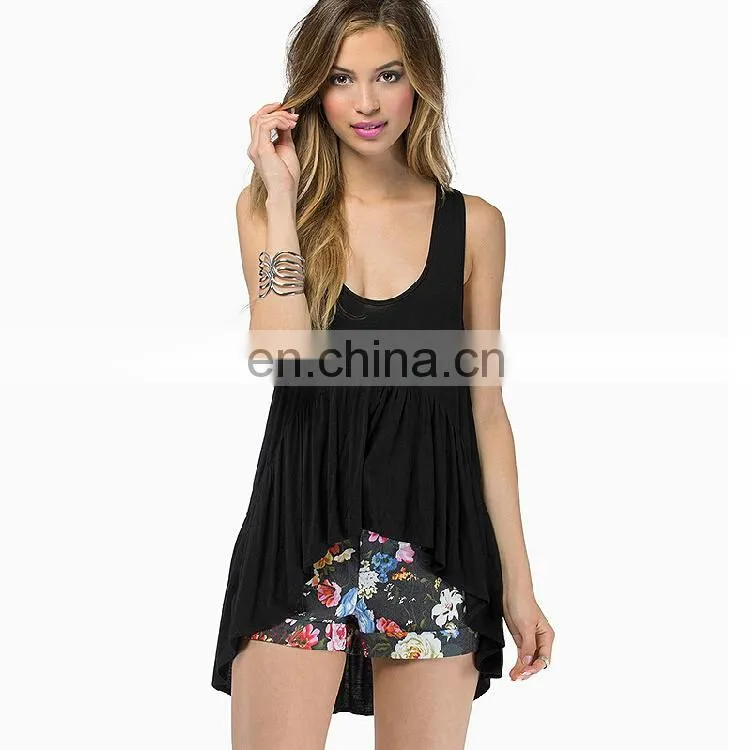 Sexy low round collar long loose ruffle tank top for woman