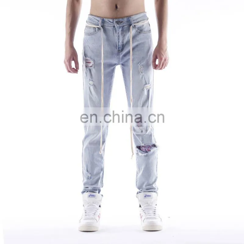 DiZNEW custom mens skinny jeans in blue ripped patches trousers for men