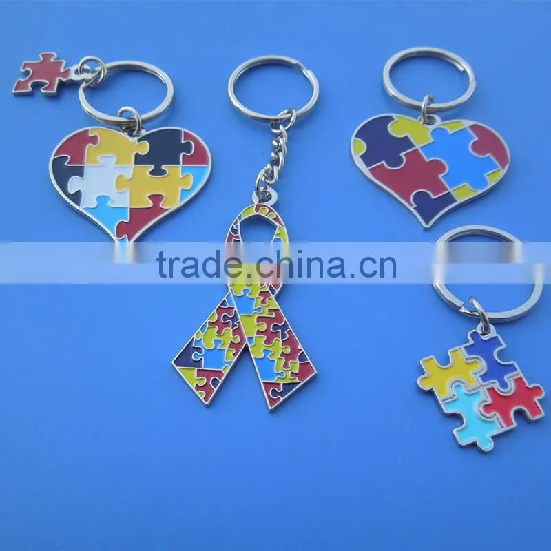 Colorful Enamel Autism Awareness Puzzle Ribbon Heart Key Chain