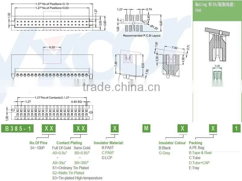 Made in China 1.27mm pitch vertical SMT dual row with locating pegs box header connector