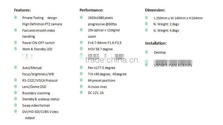 SVC-HD8820-DSY-K4 20x optical x 12 digital zoom HD-SDI/DVI-I/CVBS 1080p@60fps HD Color Video conference system camera