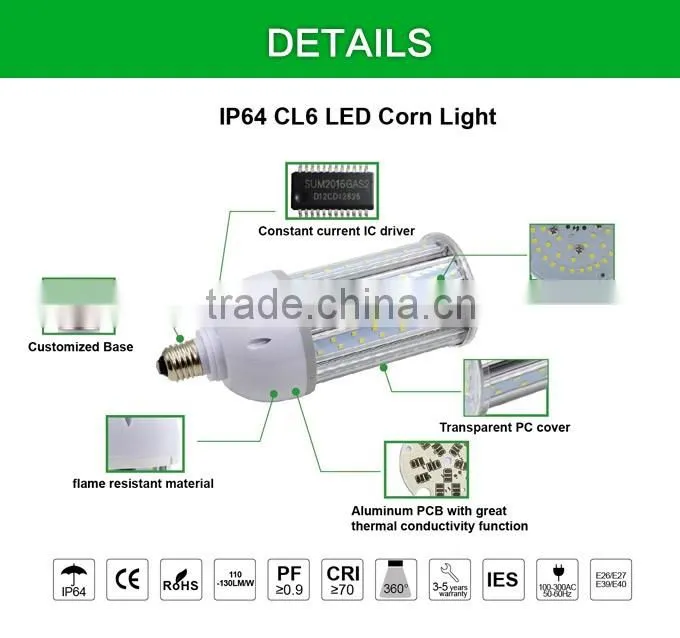 CE ROHS ETL high lumens 130Lm/W 3 years warranty IP64 waterproof 40W dimmable led corn light