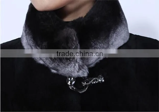 rex14060 short black rex rabbit fur coat chinchilla color trim