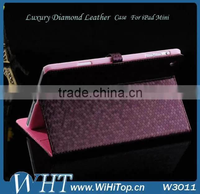 High Quality Diamond Leather For iPad Mini Leather Case Cover.Folio Leather Wallet Case for iPad Mini 7.9 inch.WHTS003