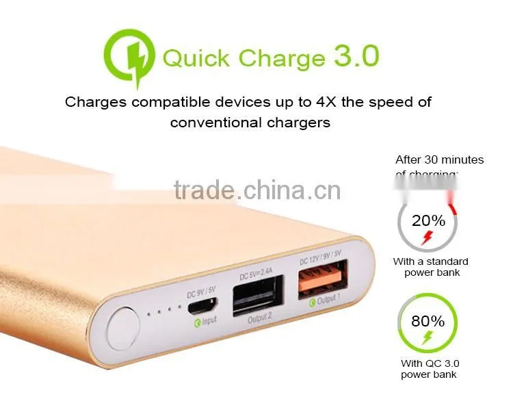 CE FCC ROHS metal materail thin10000mah qc3.0 power bank with custom logo