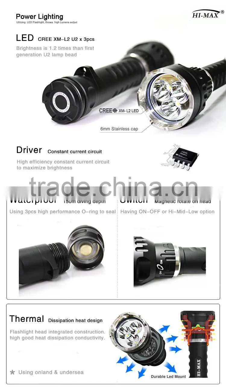 HI-MAX X 7 3000 Lumen Most Powerful U2 Long Distance Scuba Led Diving Torch Spot FlashLight