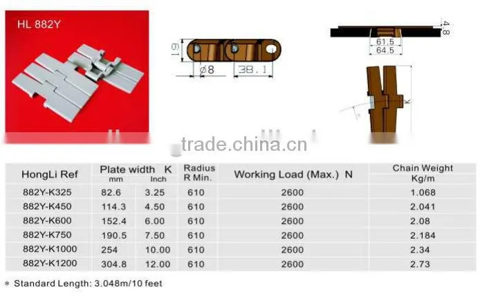 plastic slat top chain for chain conveyor 882Y