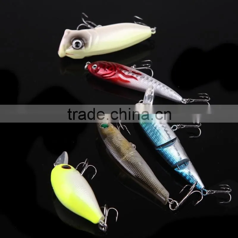 5pcs Fishing Hard Baits Lures Minnow Popper Crank Popper Carbon Steel Hook with Box