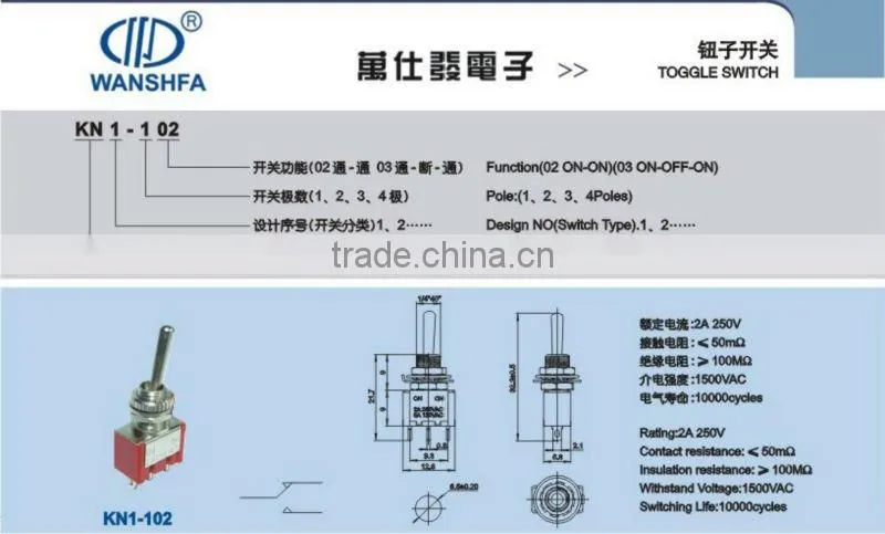 'KN3-103 ON and ON three pole toggle switch