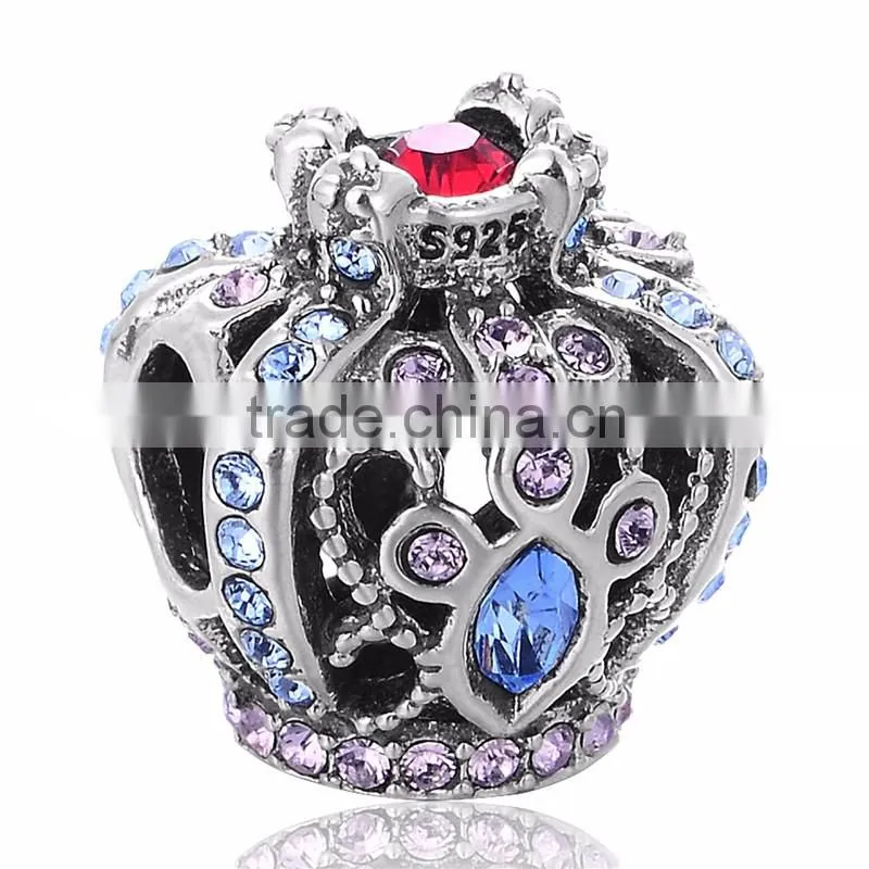 X266 Fashion Italian Multicolor Crystal Charms,925 Sterling Silver Crown Charms