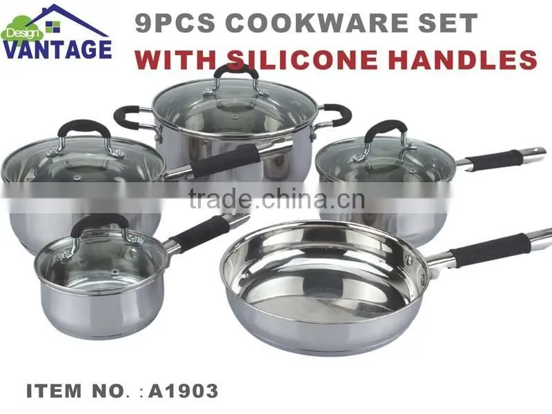 modern kitchen design 9pcs kitchen cabinet item stainless steel kitchen queen cookware set with glass lid