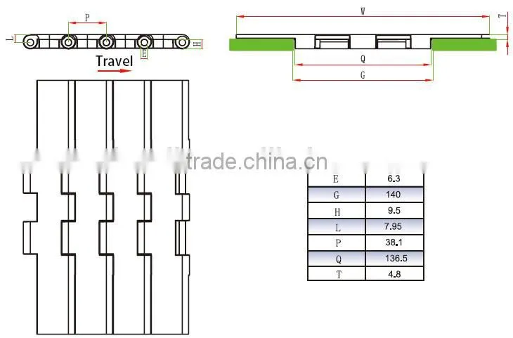 821-K750 Straight Run Double Hinge Plastic TableTop hinged chain for conveyor
