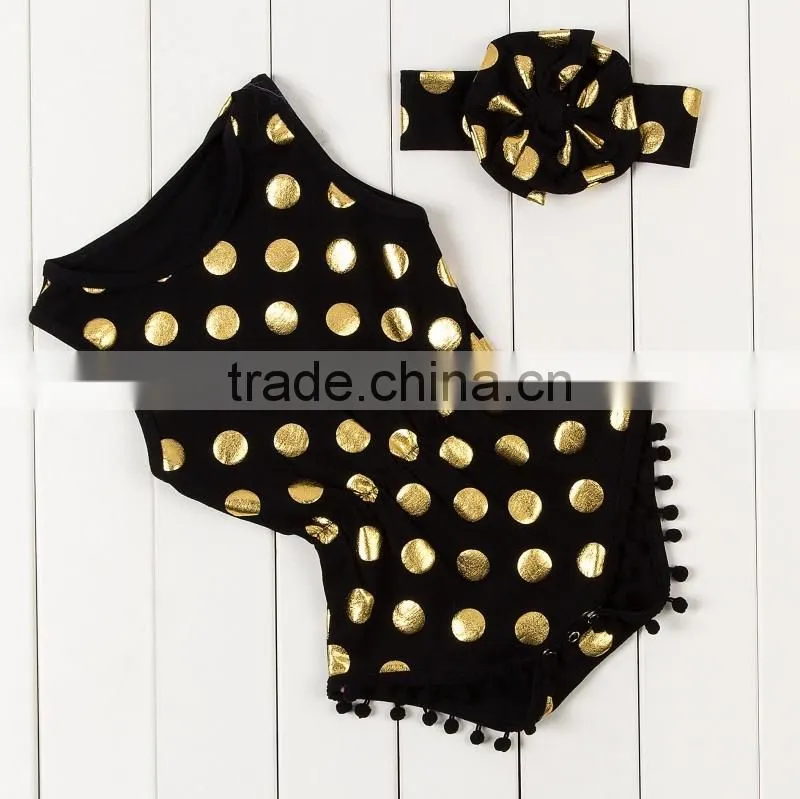 2017 Wholesale baby clothing baby girl boutique romper fashion gold polka dots pompom jumpsuit with headband