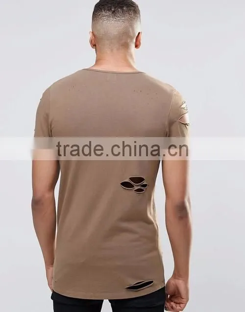 Men longline brown distressing blank slim fitted muscle t-shirt custom china manufacturers