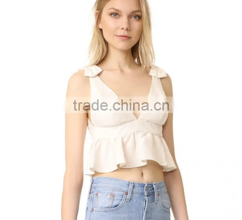 2017 OEM Girls Charming Bow Shoulder Harness Crop Cute Blouses