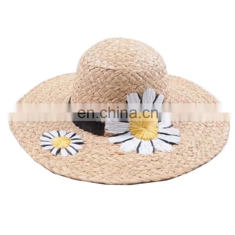 Wholesale beautiful women fashion bulk raffia straw hat with sunflower headwrap