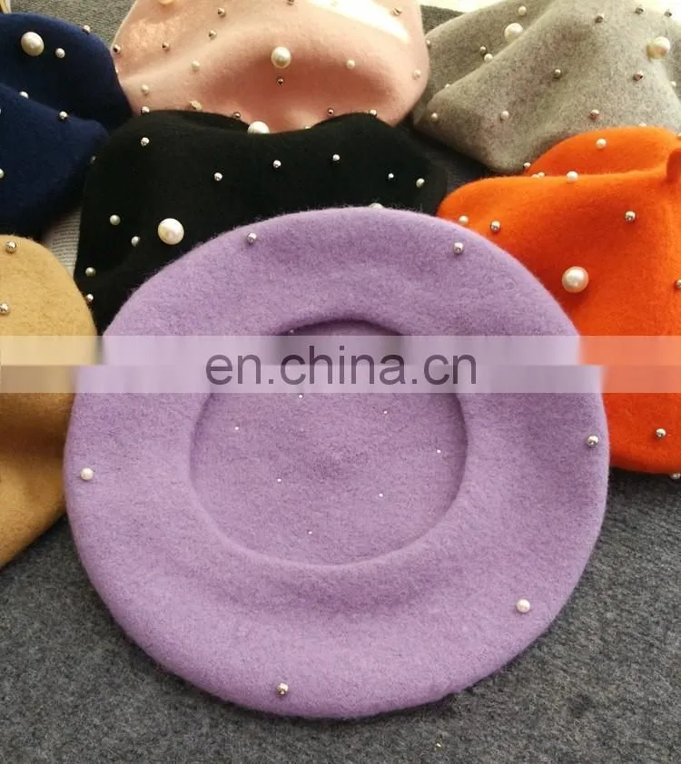 2017 Fashion Woman Spring Pearl Wool Beret Hat