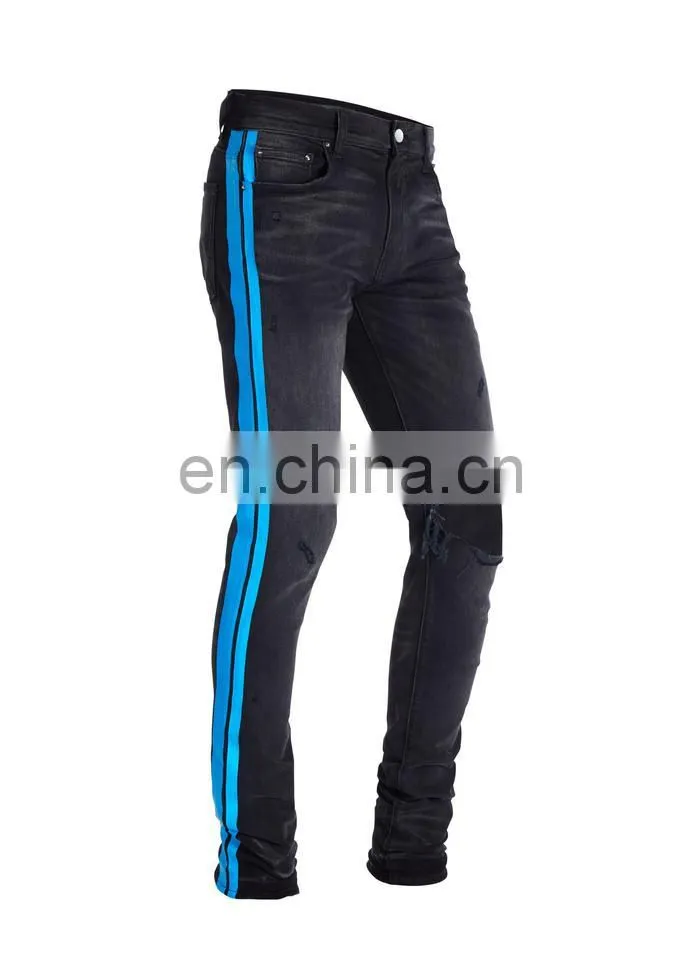 DiZNEW BROKEN TRACK BRANDED STRETCH BLACK JEANS MEN WITH BLUE SIDE
