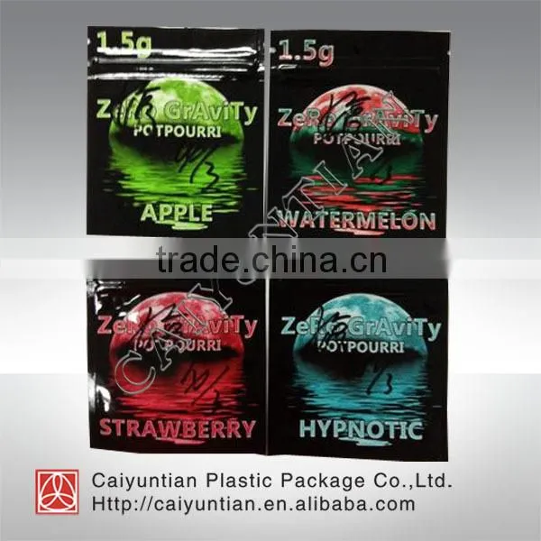 zero gravity three sides zipper pouch bag/ high quality clean package bag for herbal incense