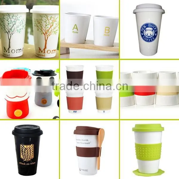 doulbe wall ceramic travel mug with silicone lid and silicone sleeve