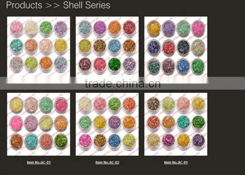 2014 New Arrival Professional Colorful Nail Art Glitter Nail Care Decoration Powder 12 Colors Crushed Shell Material AG001